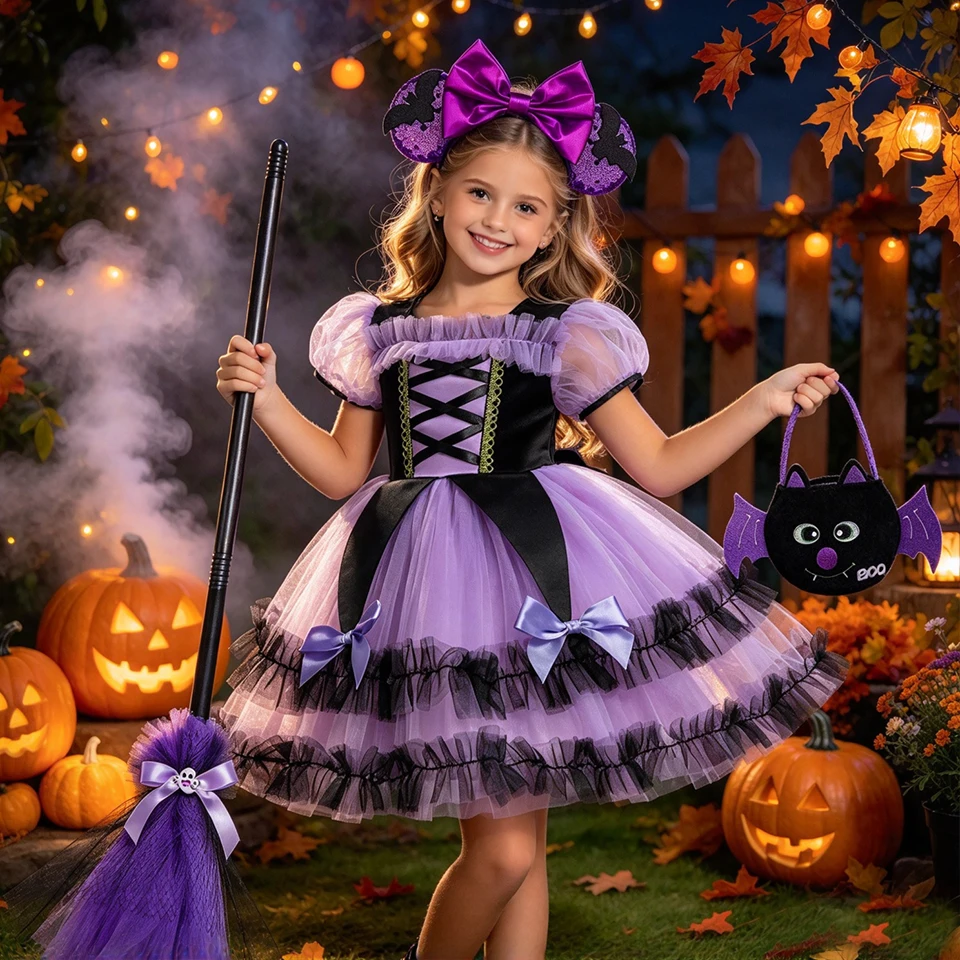 Toddler Baby Girl Halloween Witch Costume Purple Layered Tulle Tutu Dress Halloween Party Carnival Birthday Elegant Kids Clothes