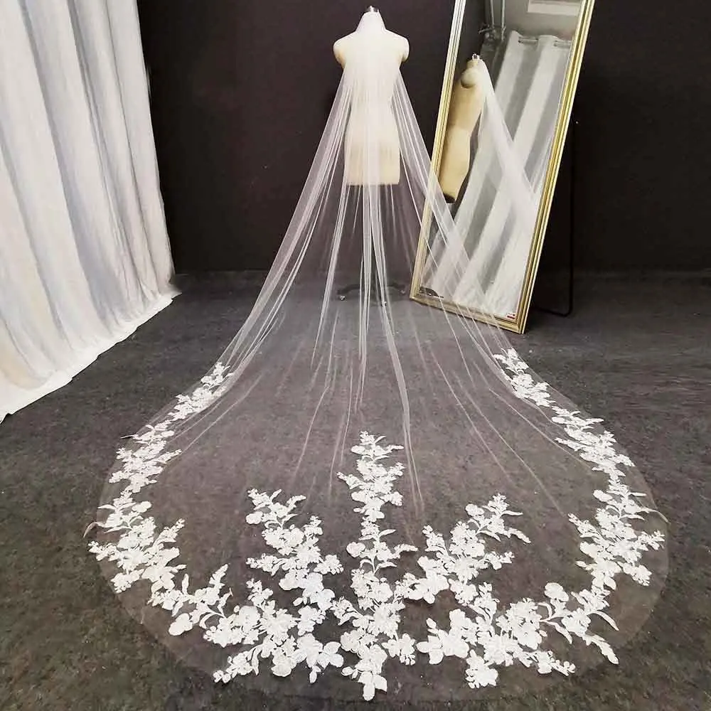 New Lace Cathedral Wedding Veil Soft Tulle Romantic 3 Meters Long White Ivory Bridal Veil with Comb Velo de Novia