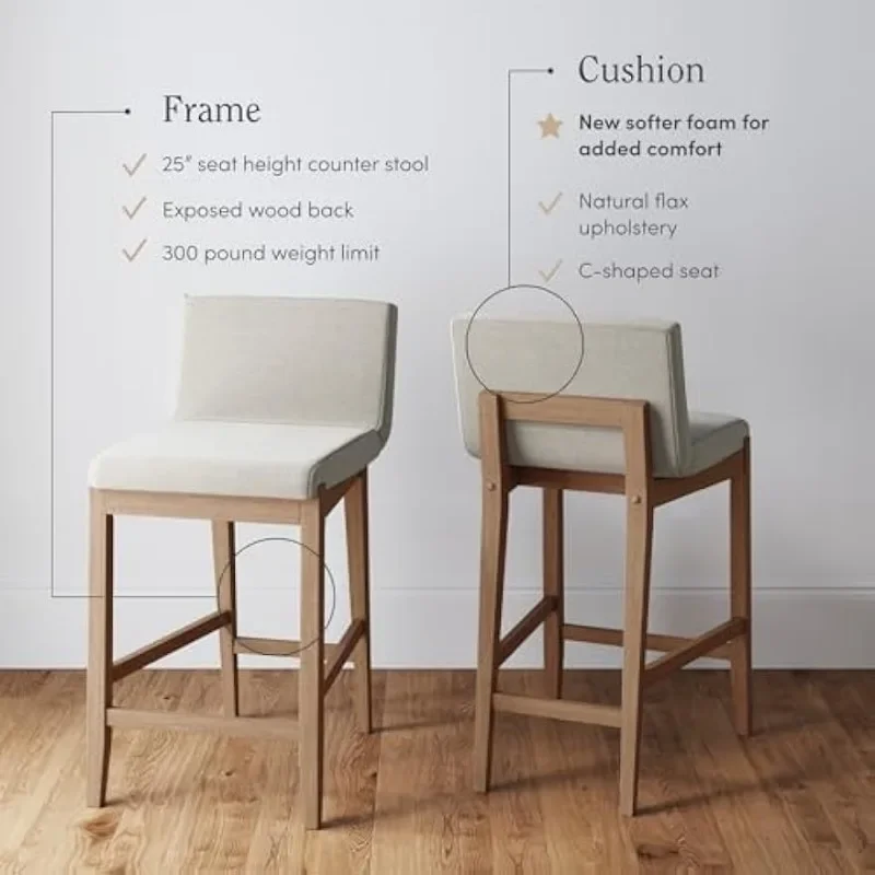 Tabouret de bar moderne avec dossier, chaise rembourrée avec tissu en lin naturel blanc et pieds en bois brossé