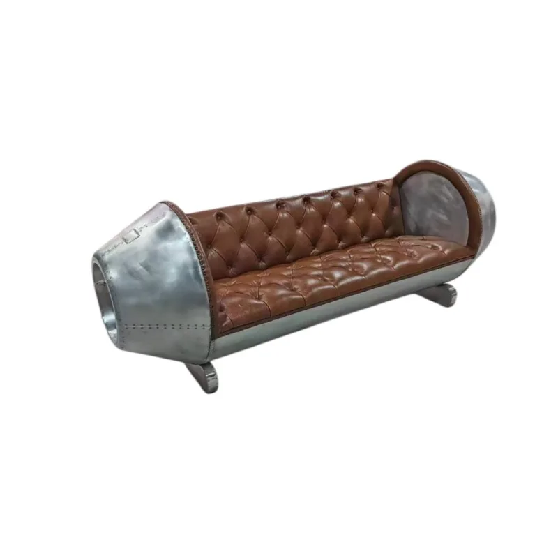 Modern luxury aluminum aviation style living room sofa, leather industrial retro double seat sofa