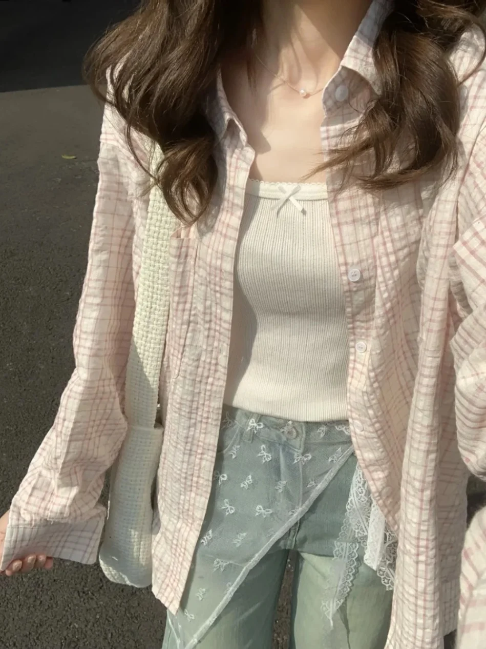 Pink Sweet Sle Salt System Plaid irt Jaet mujer Otoño Invierno suelta protección solar cárdigan abierto Top de moda