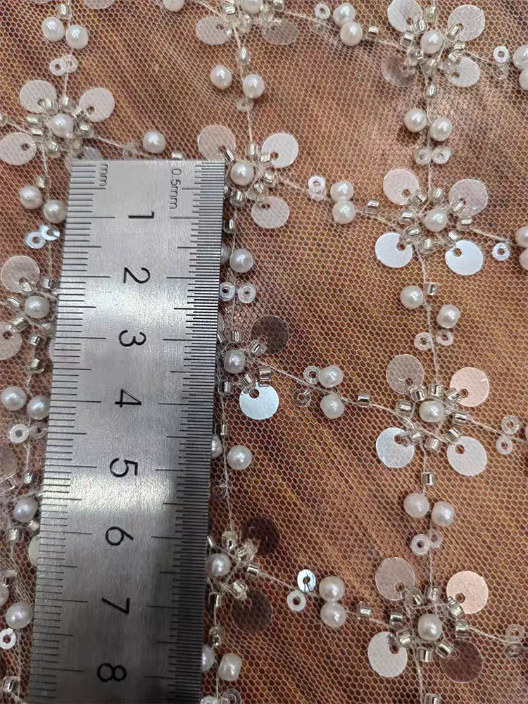 New Style Shining Sequins Lattice Lace Beaded Fabric Wedding Dress Lace With Pearls