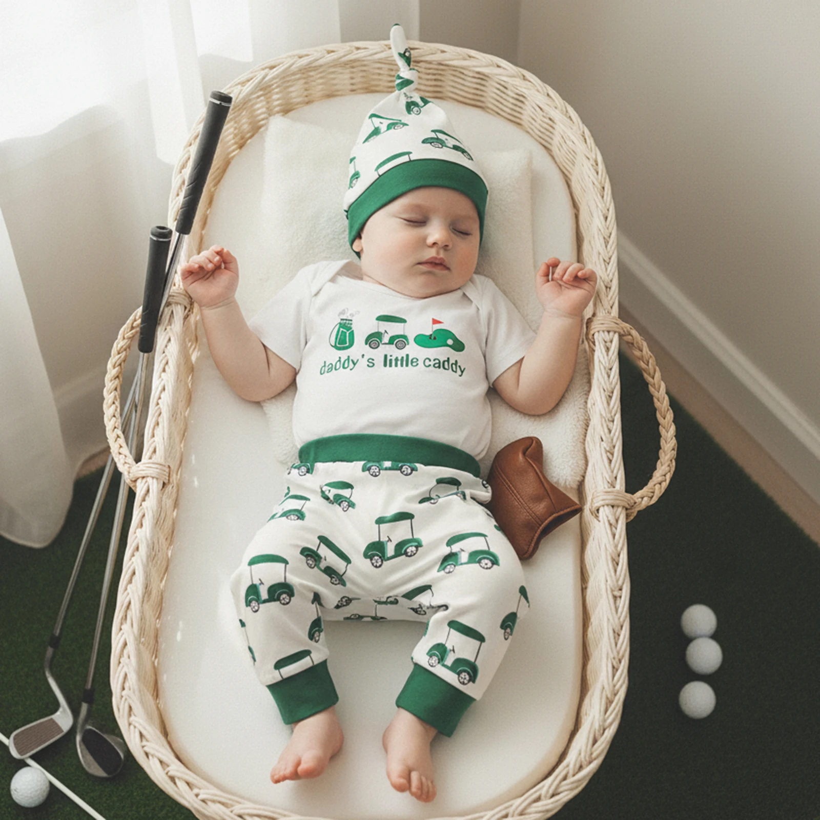 Baby Boy Girl Golf Outfit Cart Short Sleeve Romper Pants and Knotted Hat 3 Piece Set