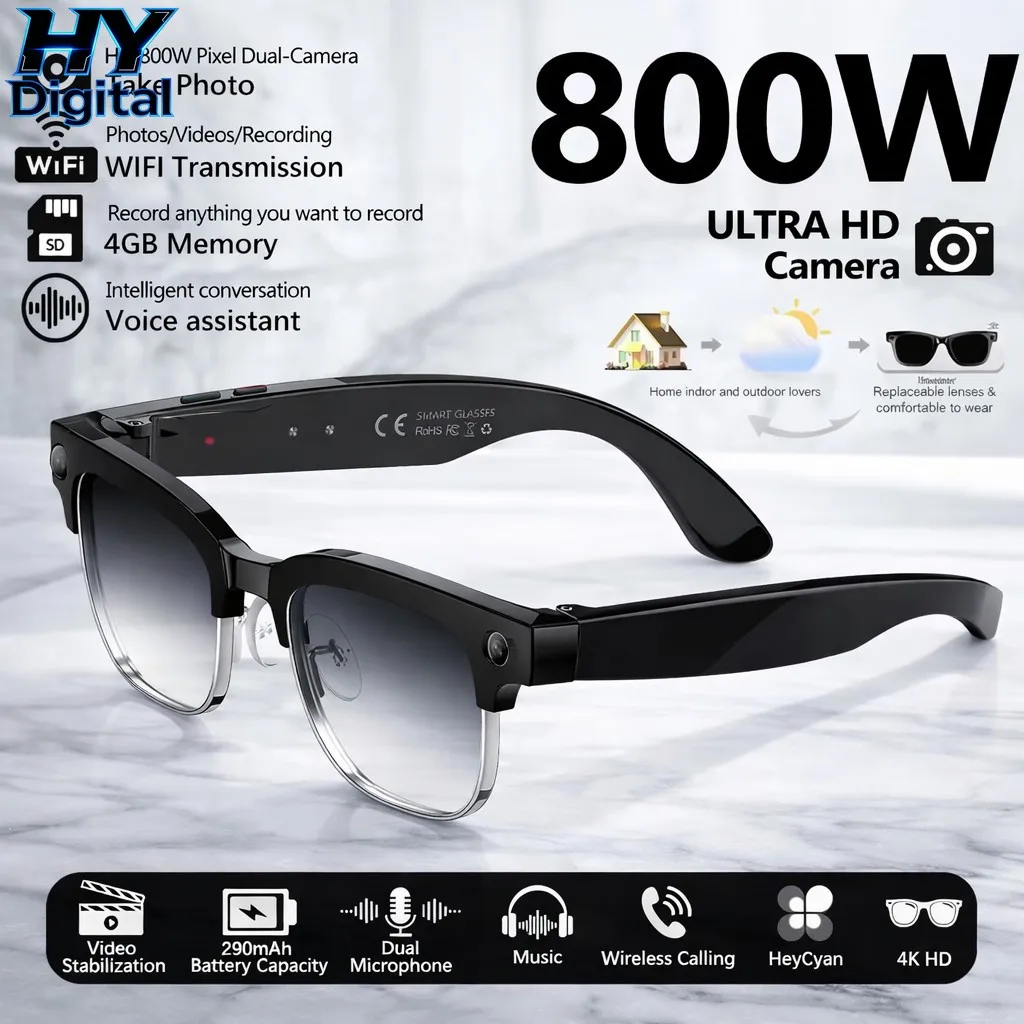 

HY Digital Business Smart Glasses Men 800W 4K HD Camera 1080P Shooting 150+Translation AI Chat Waterproof Windproof Sunglasses