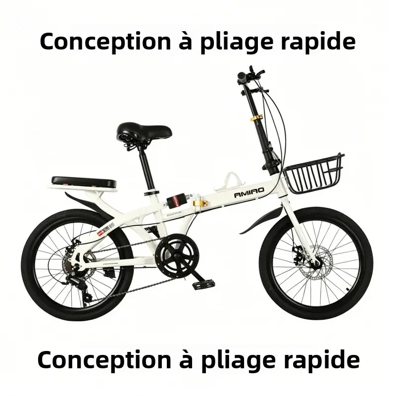 Vélo pliant portable ultra-léger 20 pouces à 7 vitesses avec roues à rayons blancs et cadre arrière pour adulte et étudiant