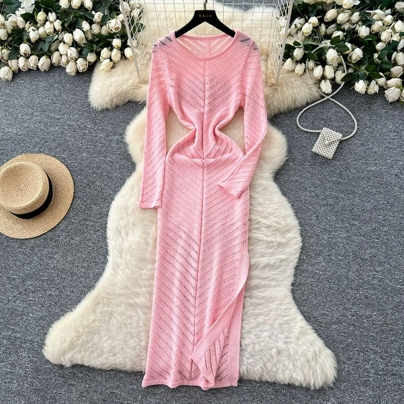 

Dresses Women Knit Round Neck Slim Bodycon Full Sleeve Wrap Hip Dress Casual Elegant Split Vestidos Sheath Lady Summer Solid