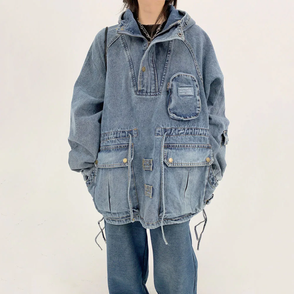 

Denim Coats Loose Retro Pullover for Women and Men Jacket Motorcycle Long Sleeve Mid Length Hoodeds Outerwear Pocket Streetwear