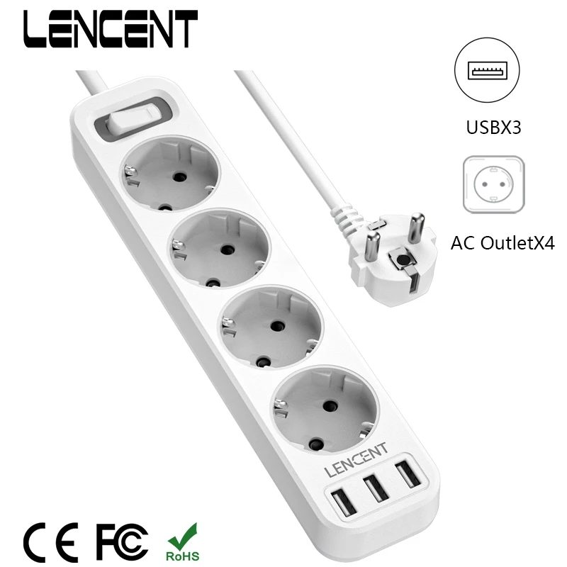 LENCENT EU 전원 스트립, 콘센트 4 개, USB 포트 3 개, 5V, 2.4A, 4000W, 7 인 1 다중 소켓, 온/오프 스위치, 1.5M 케이블 소켓