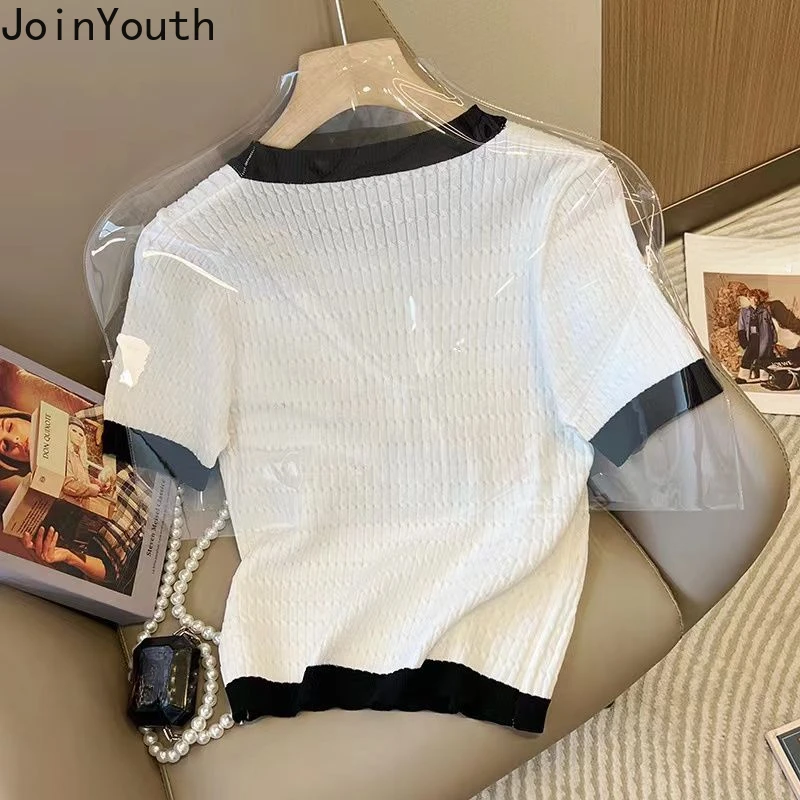 Knitted Woman Tshirts Ropa Mujer Short Sleeve O-neck Summer Tees Loose Fashion Korean T Shirt Crop Tops 2024 Shirts for Women