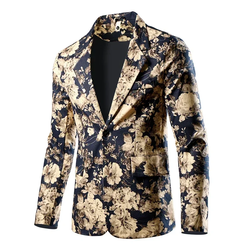 

2026 new men's bright red printed suit jacket with single breasted cotton large flower suit dress, European size XS-XXL