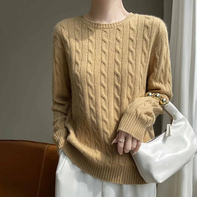 Women Merino Wool Thickening Sweater O-neck Twisted Pullover Autumn Winter Cashmere Casual Knitwear Long Sleeve Bottoming Tops