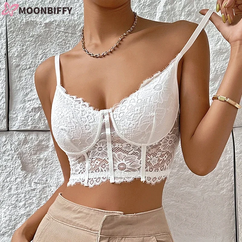 Sexy Backless Hollow Out Tank Corset Tops Flowers Lace White Vest Mesh Crop Top Women Summer Clothes Y2k Streetwear Woman 2023