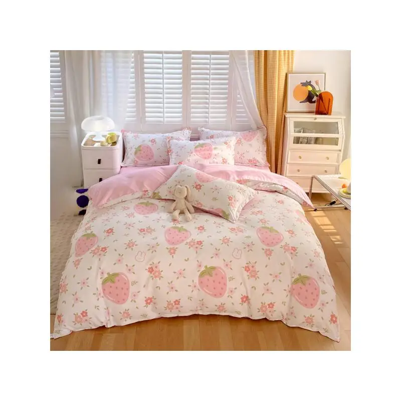 

Полноразмерный комплект пододеяльников бело-розового цвета — розовое клубничное постельное белье из 3 предметов с застежкой-молнией, пододеяльник и 2 подушки (нет)