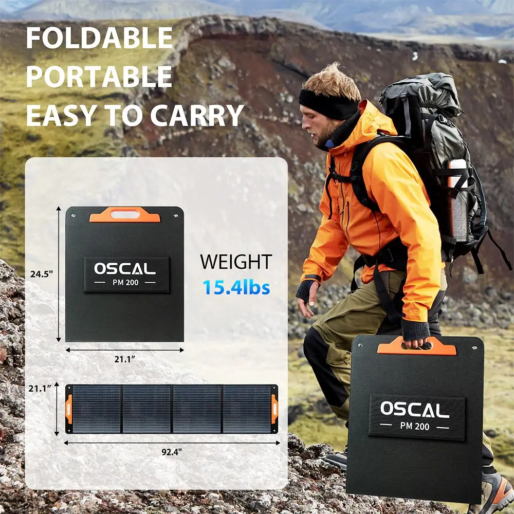 لوحة شمسية قابلة للطي Blackview Oscal PM200 200W، مسند قابل للتعديل، مادة ETFE، كفاءة تحويل الطاقة الشمسية بنسبة 22%، - قابس الاتحاد الأوروبي