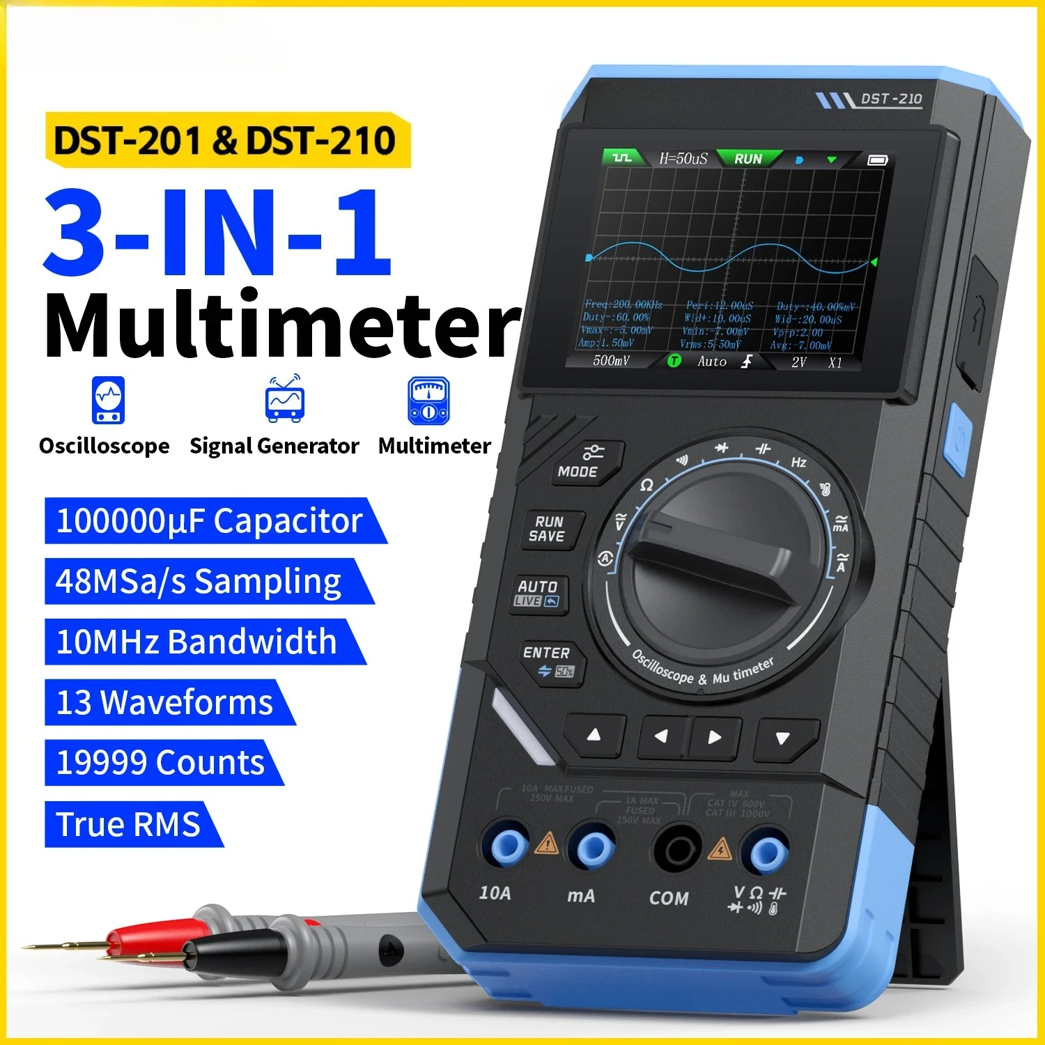 

DST-210 DST-201 3 in 1 Digital Oscilloscope Multimeter Signal Generator 19999 Counts 10MHz Bandwidth 48Msps R&D Tool
