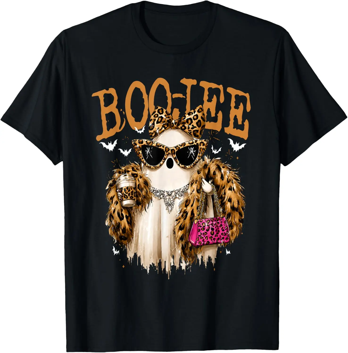 Boo JEE Leopard Print Ghost Pumpkin Spice Spooky Halloween T-Shirt Men Women Unisex Novelty Graphic T‑Shirt, Classic Crew Neck 100% Cotton Tee, Lightweight Anti‑Pilling Breathable Casual Tops, Year‑Round Daily Outfit, Holiday Birthday Present Tee