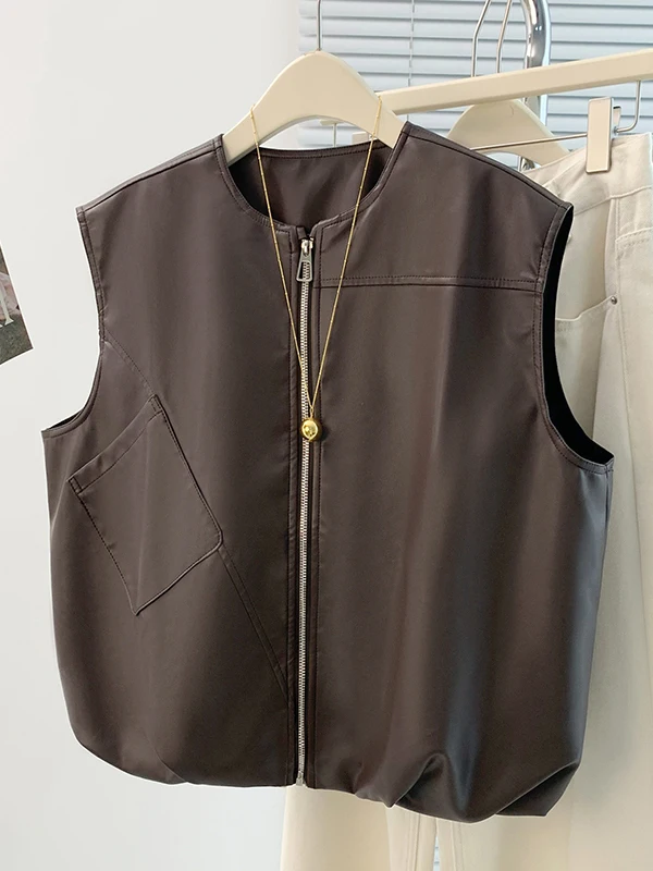 Casual Loose Women's PU Leather Vest 2026 New Spring Autumn Versatile Workwear Style Zipper Jacket Outerwear Fashionable