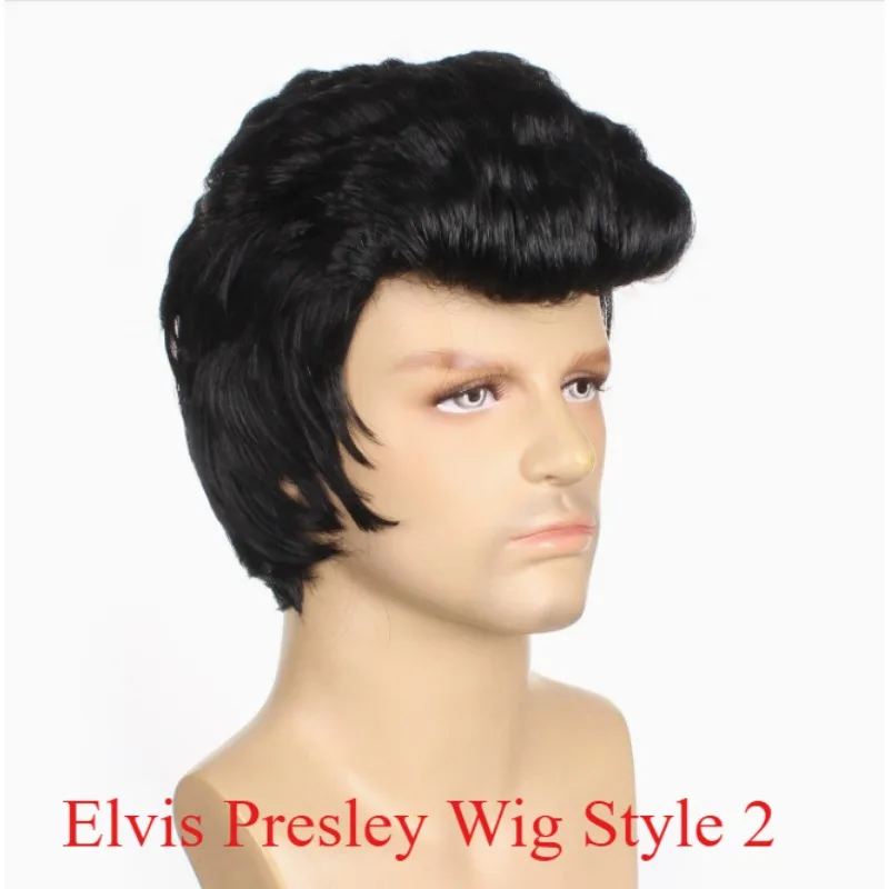 Elvis Presley Perücke für Herren – schwarze, hitzebeständige Kunsthaar-Perücke für Rock-Sänger-Kostümpartys mit gratis Kappe (schwarz) – Detail 1