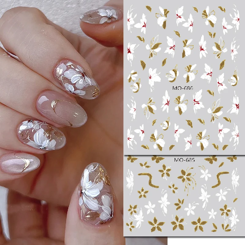3 قطعة 5d تنقش مسمار الفن ملصقات الذهبي زهر الأبيض الزهور الشارات زينة لمسمار نصائح عمليات تجميل الأظافر