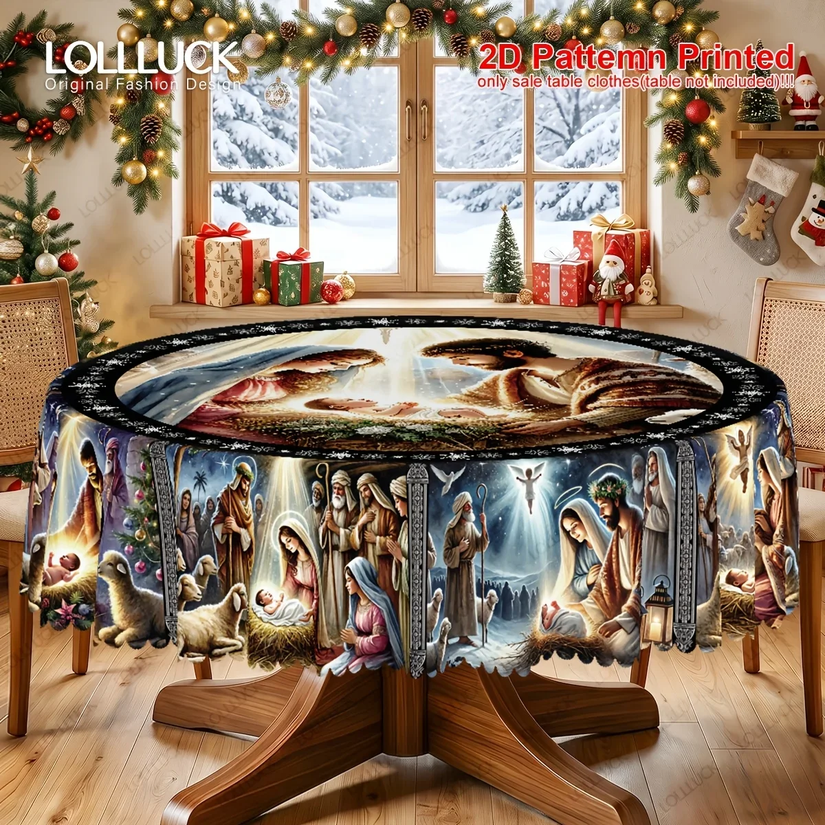 One item, a Christmas tablecloth with a scene of the birth of Jesus as the pattern, rectangular/round/oval tableclothzyc