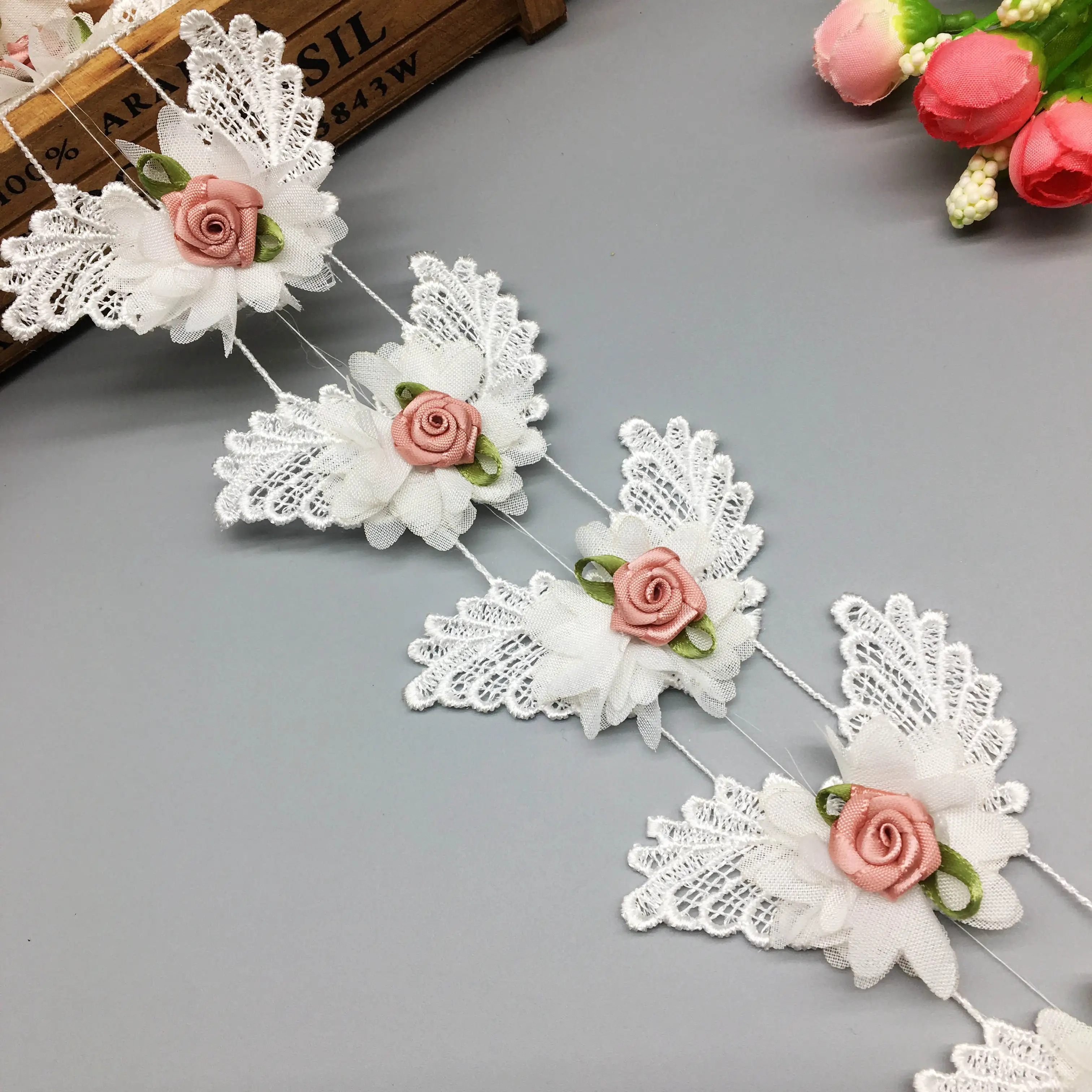 1 yard White 3D Flower Lace Dress for Bride Wedding Lace Trim Applique Ribbon Embroidered Fabric Sewing Craft DIY Decoration