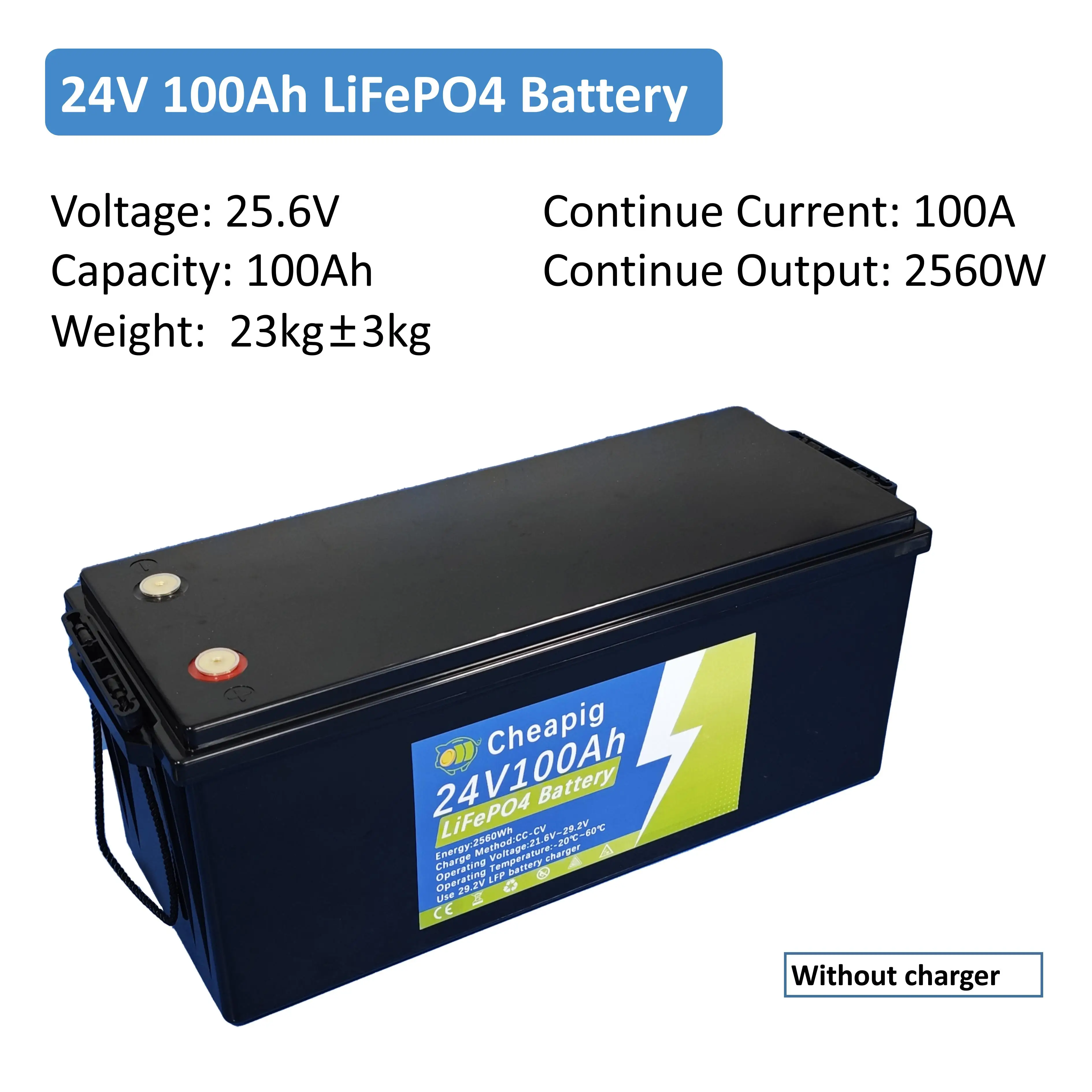 US Warehouse 24V 100Ah 2560Wh LiFePO4 Lithium Battery Pack, Built-in 100A BMS, for Home Solar Energy Storage & Photovoltaic Powe