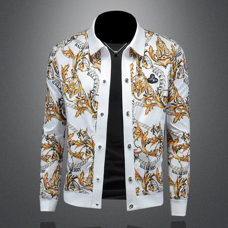 Spring Gold Flower Print Bomber Jacket Men Royal Men Casual Coats Windbreaker Clothes Streetwear Social Mens High Quality Jacket