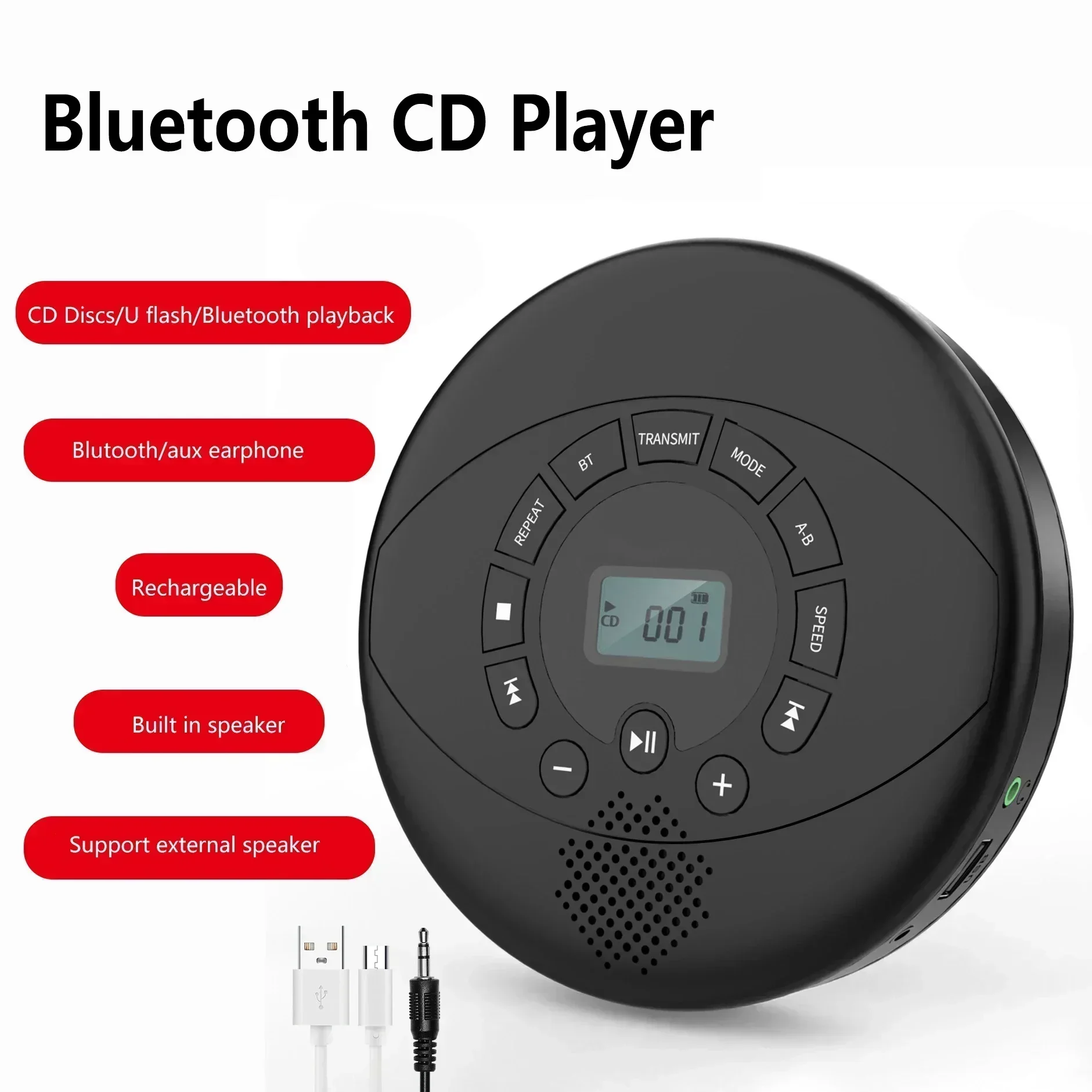Portable CD Player Bluetooth Walkman Built in Speakers Rechargeable CD CD Player  with USB/AUX/Headphone Port