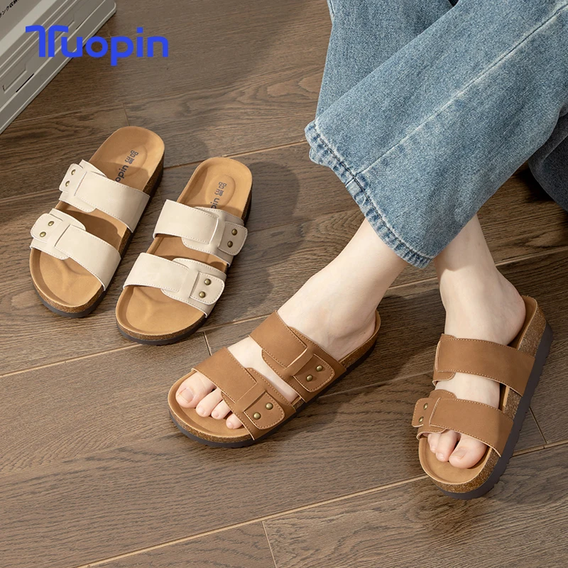 

TuoPin Birkenstock slippers for women to wear outside 2024 summer new thick-soled beach flat-soled Birkenstock shoes one-line sa