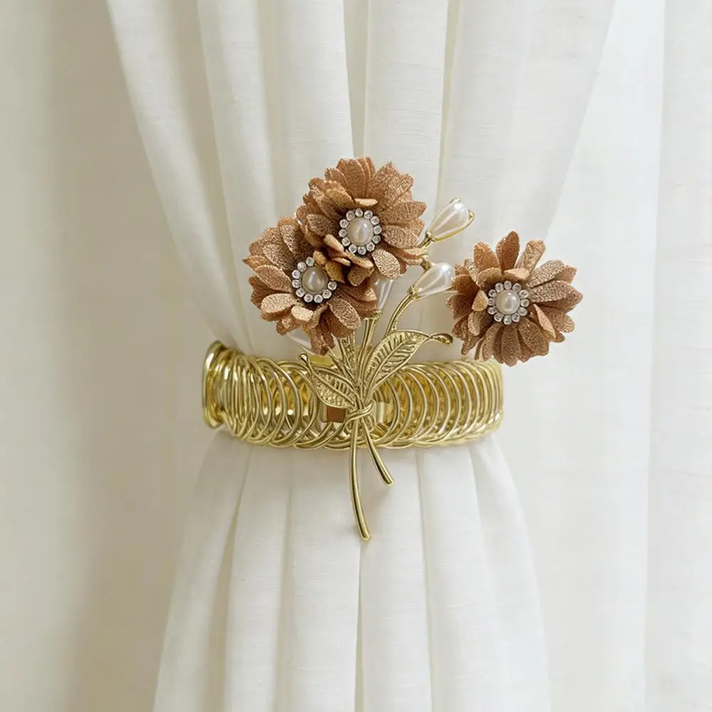 Flower Curtain Tieback Curtain Buckle Tiebacks No Drill Installation Spring Coil Clips Easy One-click Fabric Flower for Gauze
