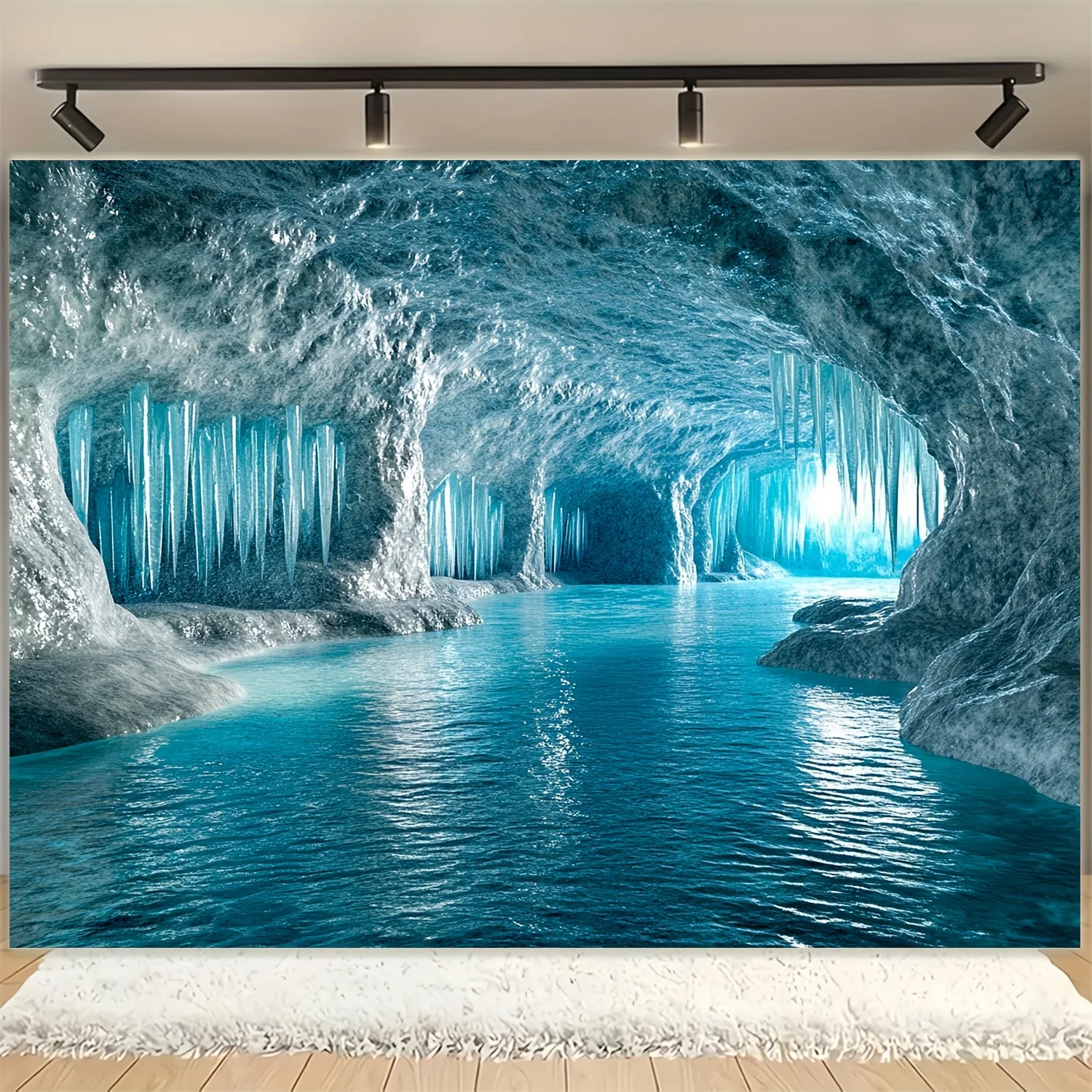 Luxurious Blue Cave Cavern Mural Tapestry Waterproof Crystal Underwater Waterfall Wall Art Polyester Print Decor Decoration