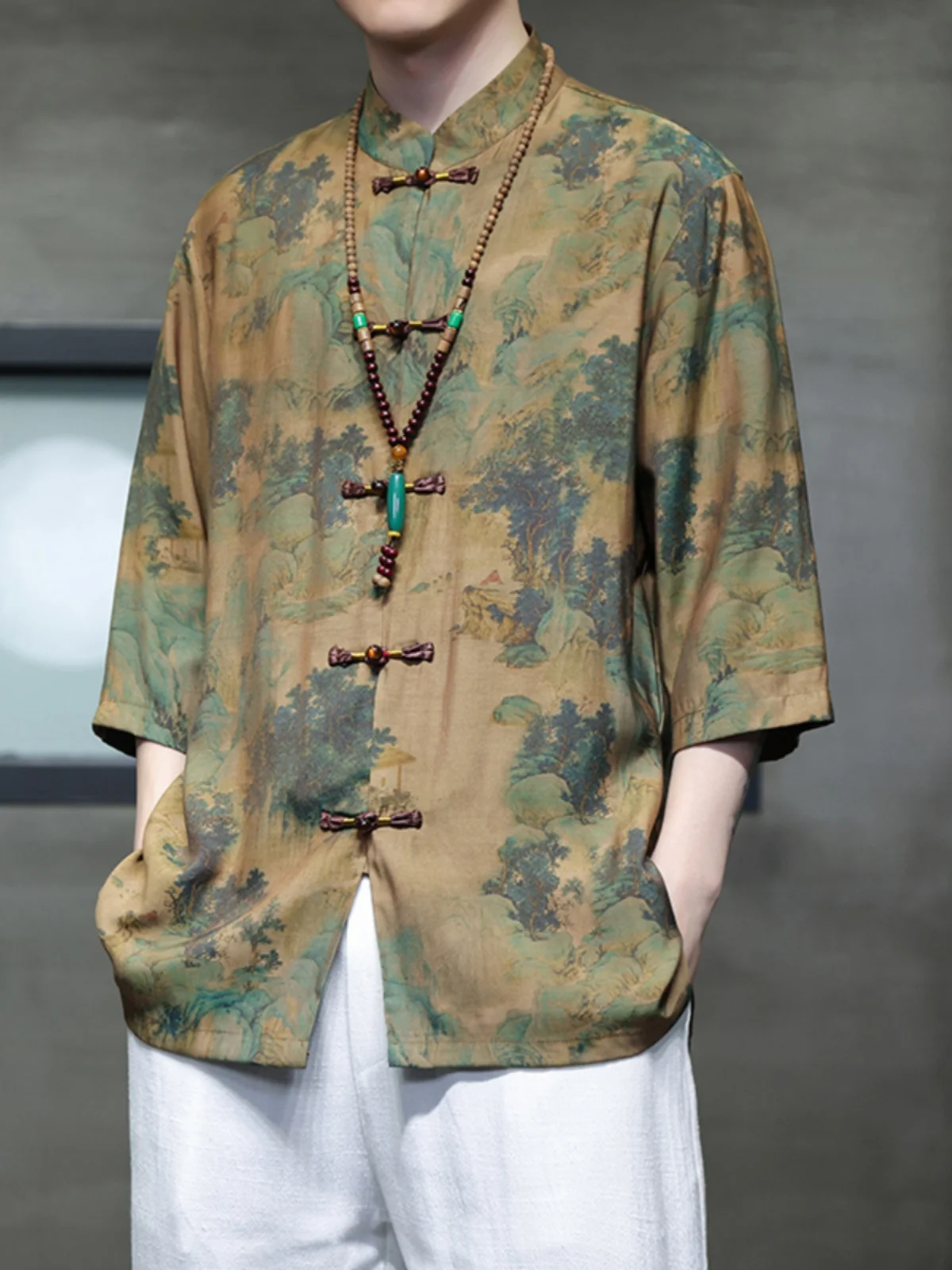 

Men's Summer Ice Silk Cool Feeling ort Sve irt New Chinese Sle Buttoned Tang Suit Large Size Seven Sve Upper Apparel