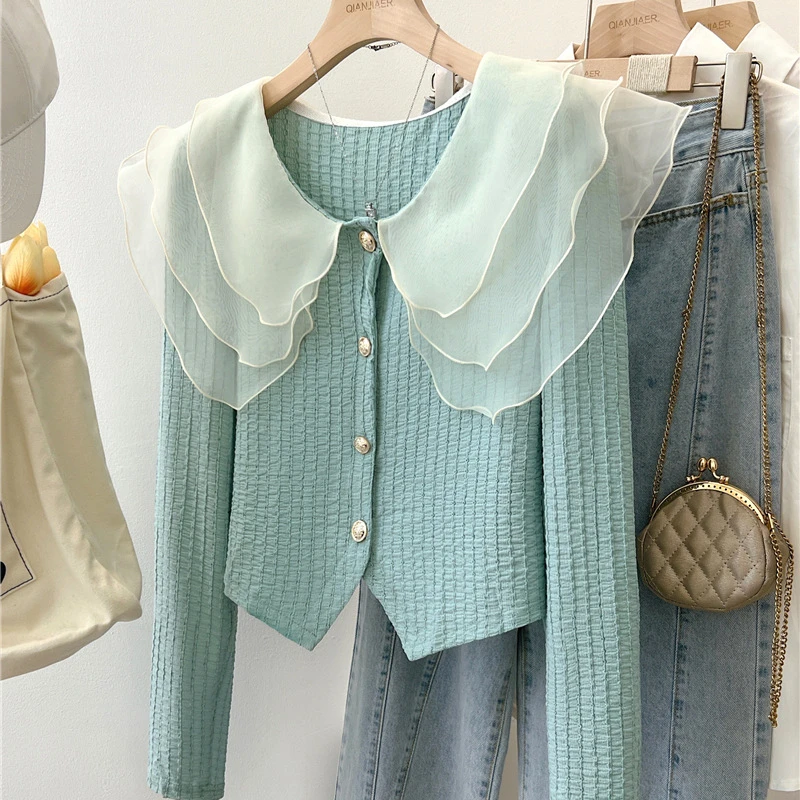 

Korean Vintage French High Street Fashion Blusas O Neck Ruffles Patchwork Unique Shirts Single-breasted Streetwear Chic Blouses