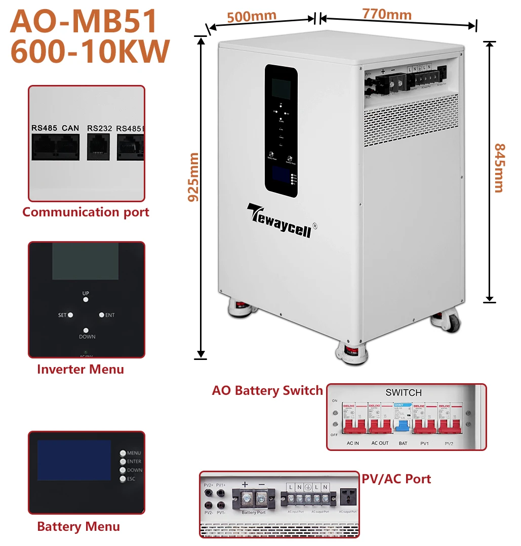 LiFePO4 Powerwall 16/20/32KWh 51.2VDC 314Ah to 628Ah Battery Pack Buitl-in 200A BMS 230VAC 10KW Inverter Monitor Solar ESS WiFi