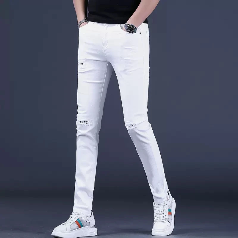 Summer White Rhinestone Patches Ripped Jeans Men Casual Slim Fit Straight Denim Pants