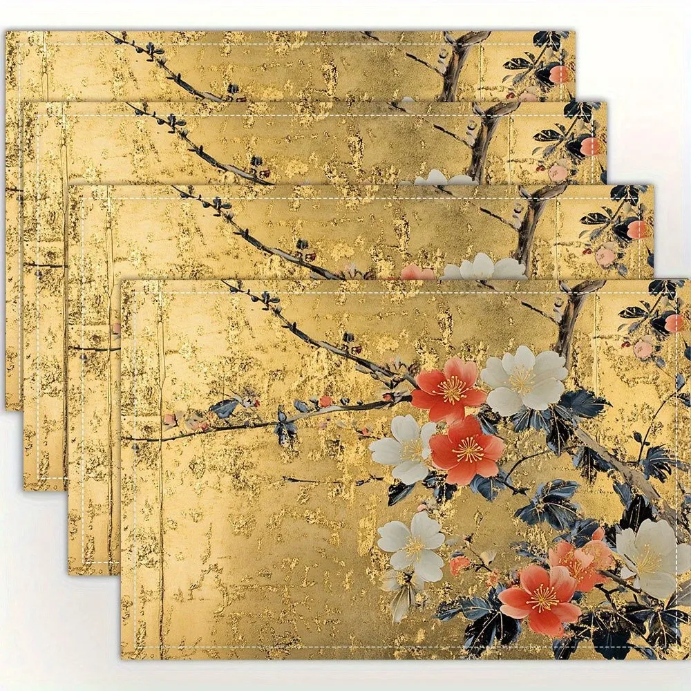 Elegant Floral Japanese Golden Artwork Placemats Fashion Print Pattern Table Mat for Dining Table Kitchen Party