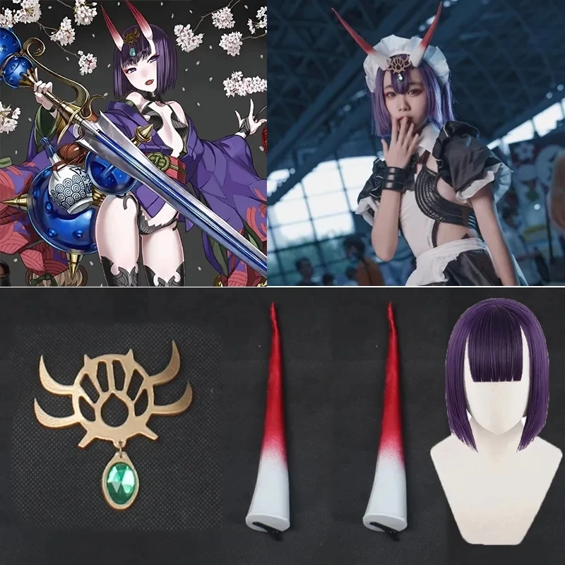 Fate Grand Order FGO Shuten Douji Peluca de Cosplay, cuernos, Clip para la cabeza, tocado, pelucas, accesorios de Cosplay para fiesta de Halloween