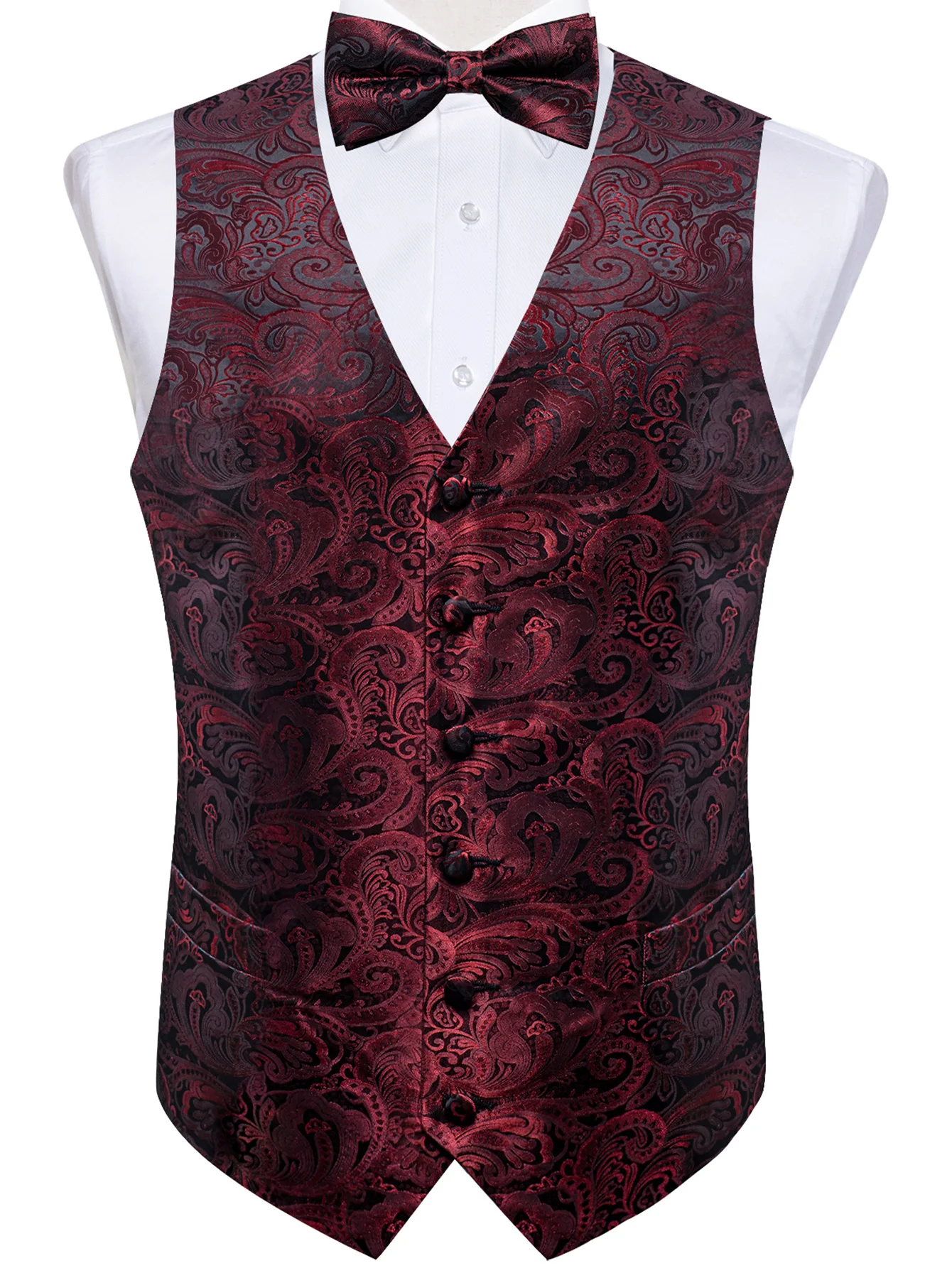 Formal Luxury Mens Vest Party Wedding Red Blue Paisley Waistcoat Pocket Square Bowtie Suit Set