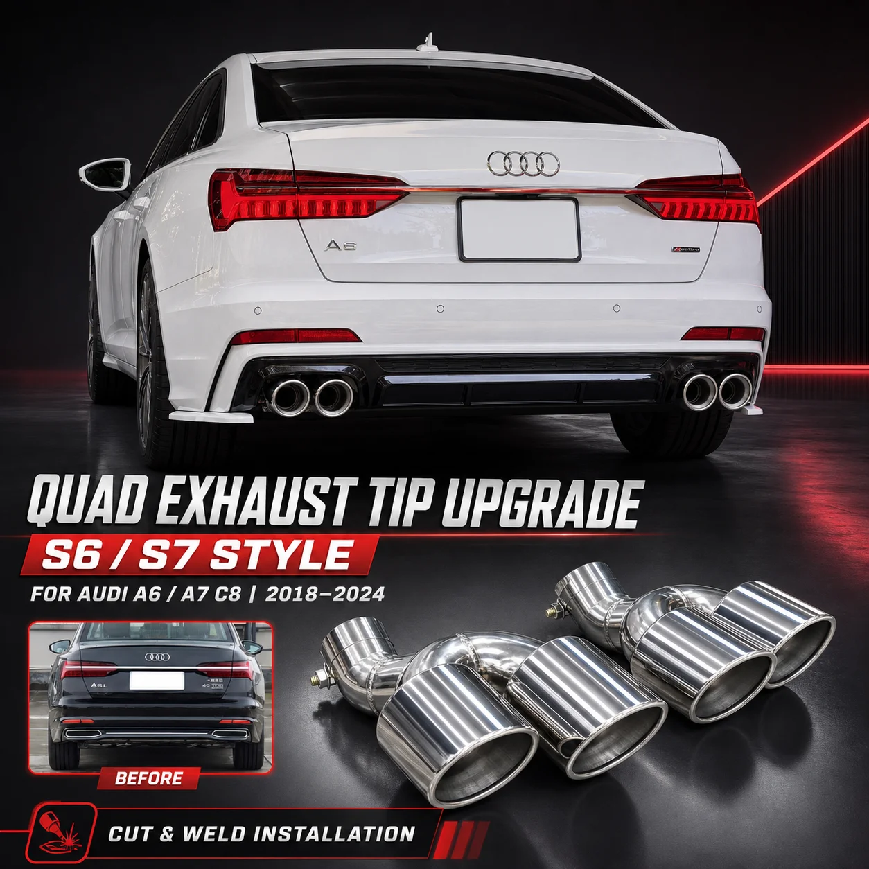 Vierfach-Auspuffendrohr für Audi A6 C8 A7 C8 2018-2024 Upgrade S6 S7 Stil Edelstahl Auspuffblende Auspuffspitzen