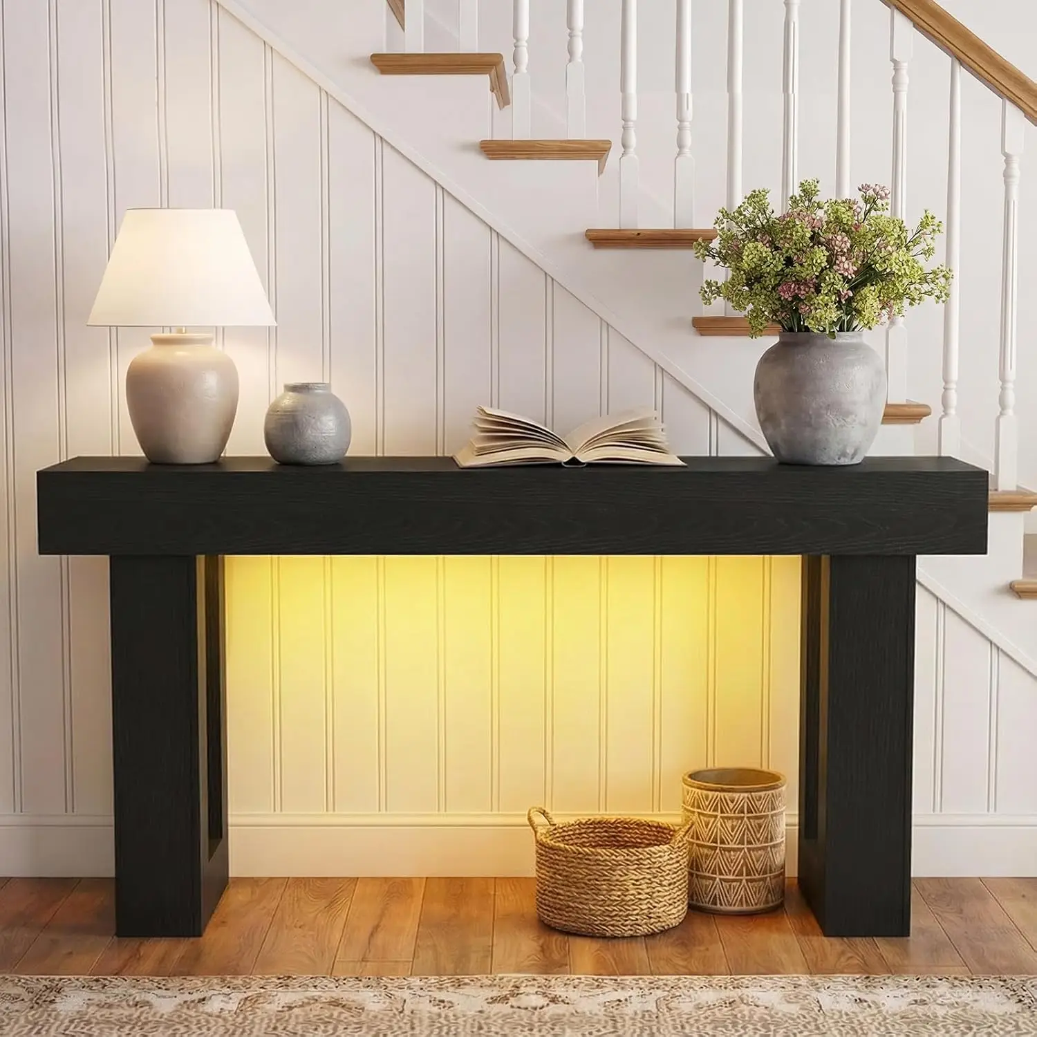 Wooden Console Table with RGB Lights & USB Outlet, Narrow Entryway Sofa Table for Hallway Living Room Entrance, Customized