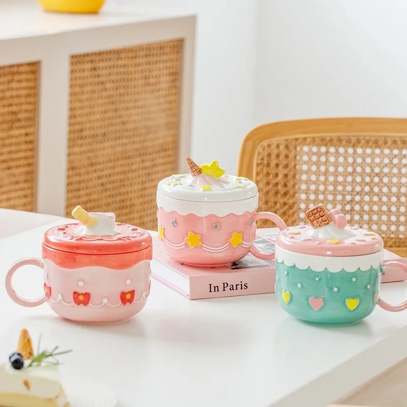 430ml Ceramic Coffee Mug Creative Cute Cake Embossed Pattern Water Cup Large Capacity with Cover Home Office Juice Mugs Gift