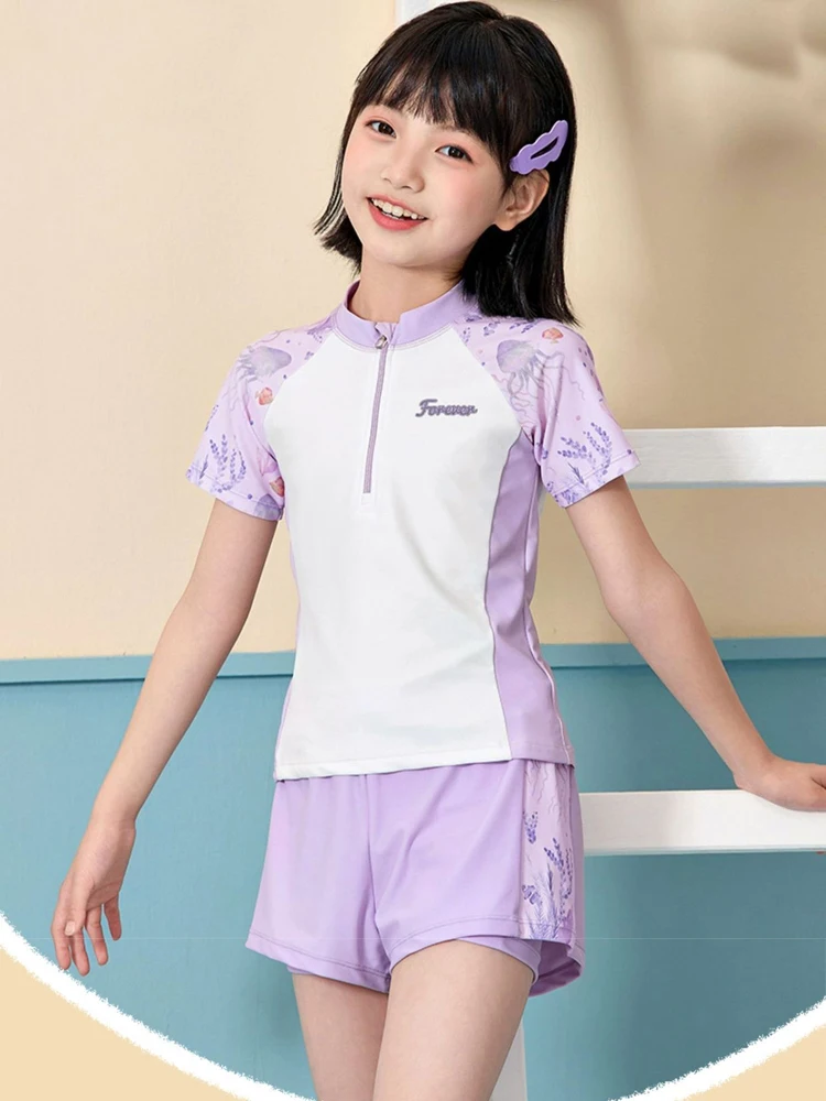 

Купальники для девочек, костюмы из двух предметов, двухслойные шорты, летняя пляжная одежда, детский купальник с короткими рукавами 6XL, одежда для бассейна