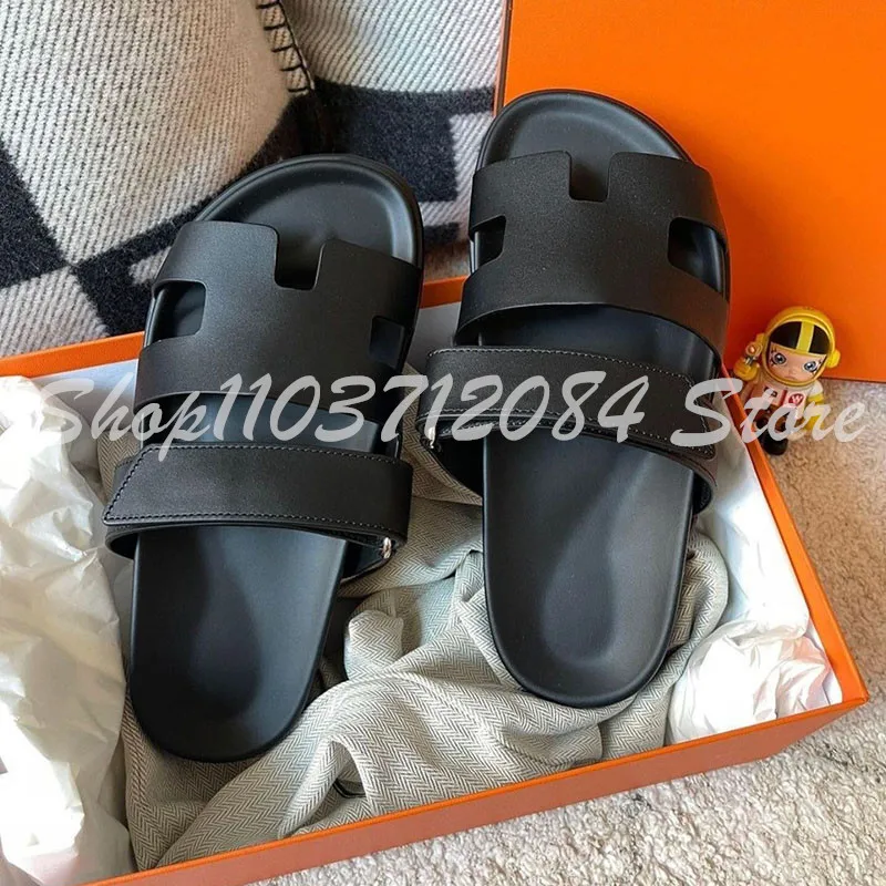 Zapatillas de cuero de alta calidad para mujer, Sandalias planas clásicas, antideslizantes, de playa, a la moda