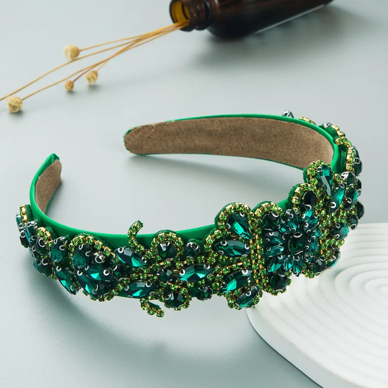 Vintage Green Series Headbands Rhinestone Hairbands Broad-Brimmed Wide Head Hoop Hair Hoop Women Elegant Hair Accessories