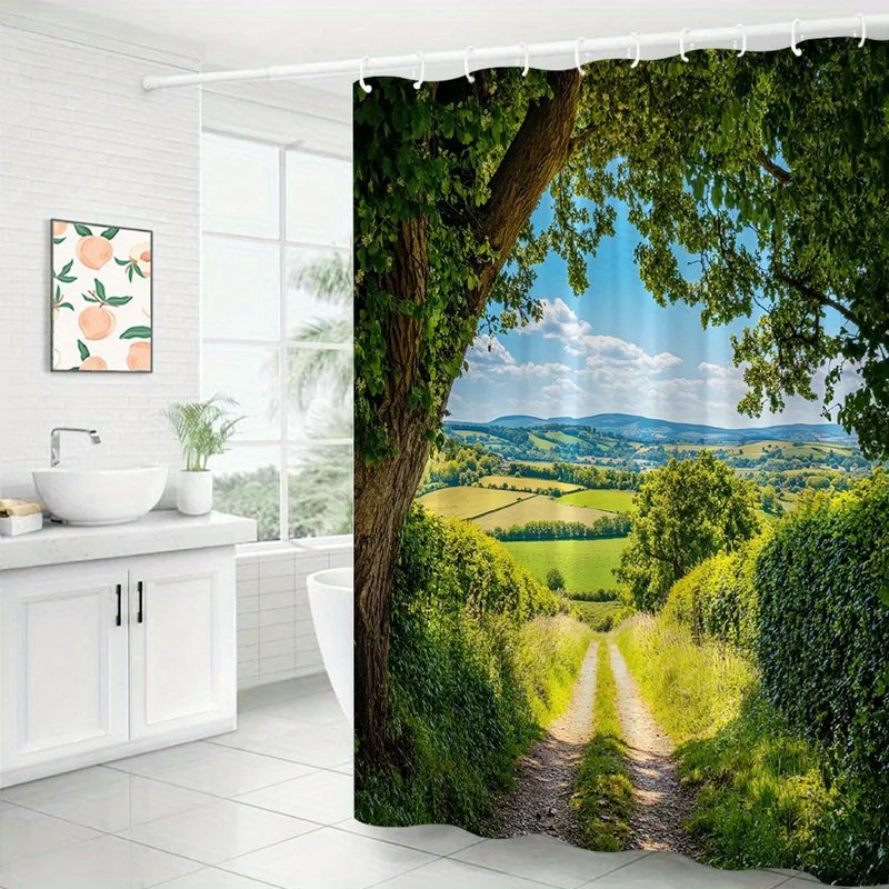 1pc Lush Rural Landscape Through Tree Arch Shower Curtain - Sunlit Pathway, Golden Crops & Verdant Pastures Design, Durable Poly