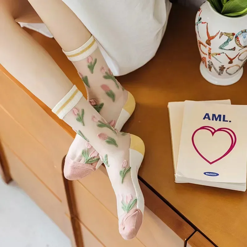Ultra-thin Transparent Crystal Silk Socks Women Fashion Summer Harajuku Crew Socks Retro Flower Streetwear Elastic Long Socks image 4