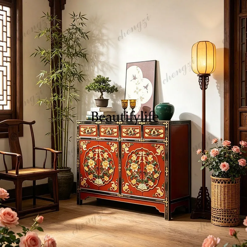 New Chinese-style heavy industry painted dining side cabinet solid wood living room locker retro decorative cabinet