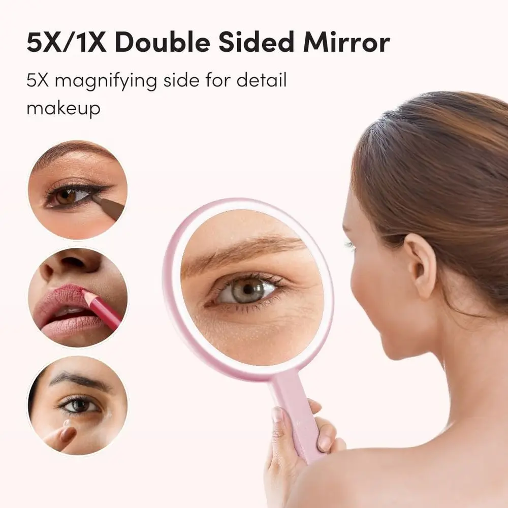 مرآة مكياج LED محمولة، قابلة لإعادة الشحن، XL، مزدوجة الجوانب 5X/1X، 3 ألوان فاتحة، كريمة الفراولة #2