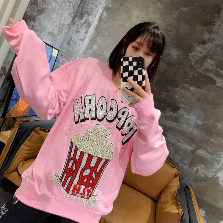 New Fashion Autumn Women Clothes Trendy Pearl Rhinestone Popcorn Long Sleeve Pink Sweatshirt O-neck Age Reducing Hoodie Tops