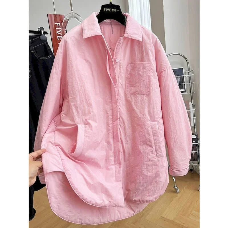 Quilted Shirts for Women Polo-neck Vintage Oversized Cardigans Long Sleeve Casual Coats Korean Style Loose Cotton-padded Clothes